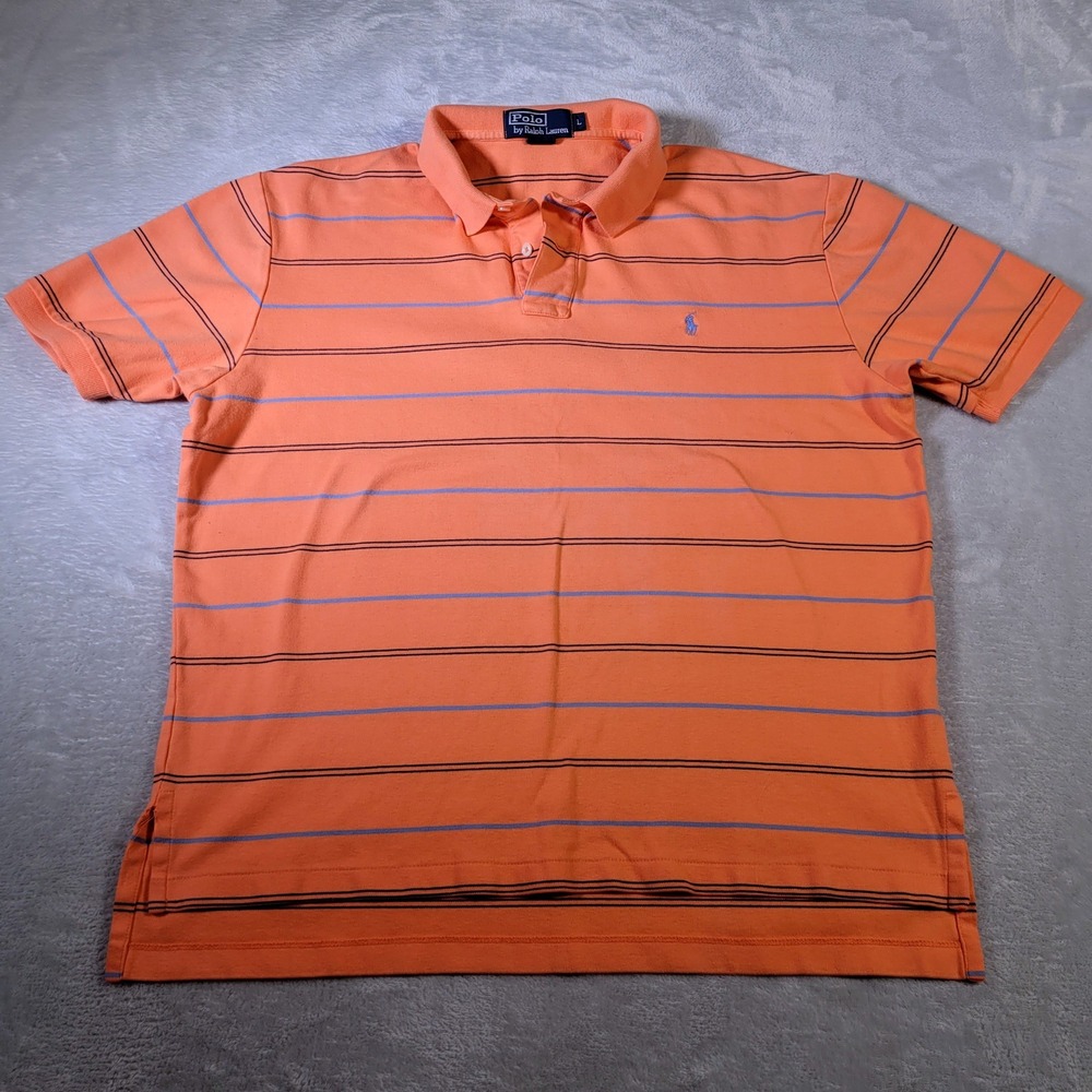 Polo Ralph Lauren Polo Shirt Mens Large Orange Striped Short Sleeve Golf